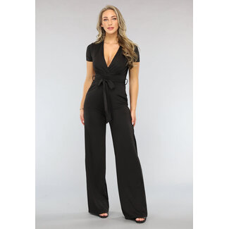 Schwarzer Jumpsuit mit weitem Bein und kurzen Ärmeln
