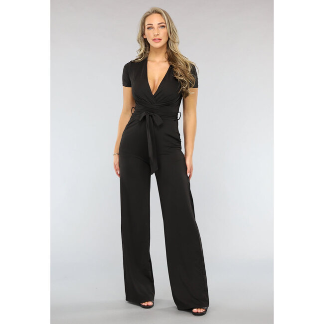 Schwarzer Jumpsuit mit weitem Bein, kurzen Ärmeln und Taillenband