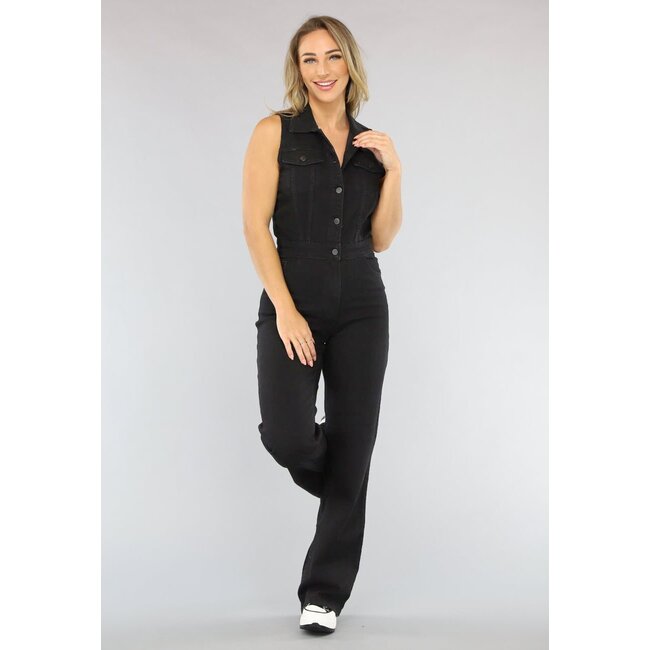Schwarzer ärmelloser Denim-Jumpsuit