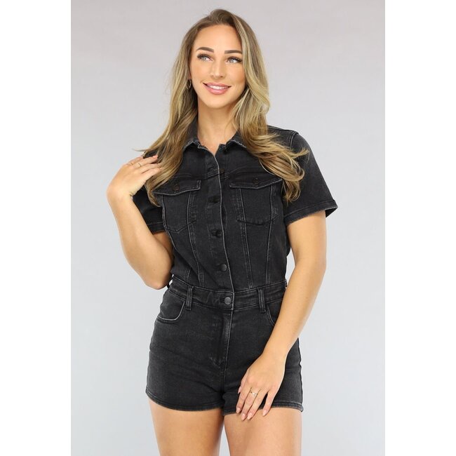 Schwarzer Denim Playsuit mit geknöpftem Verschluss