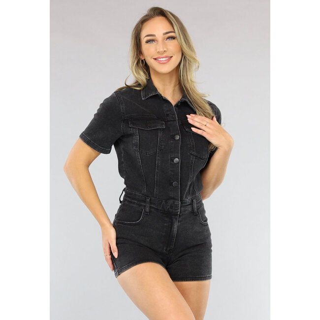 Schwarzer Denim Playsuit mit geknöpftem Verschluss