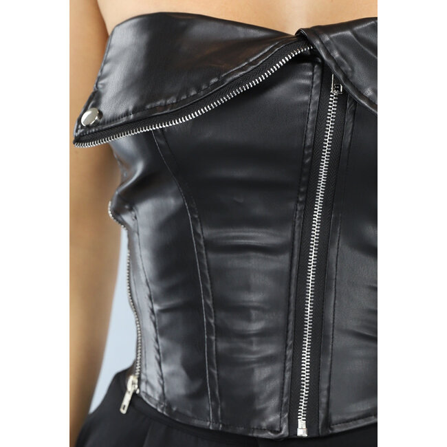 Schwarzes Bandeau-Top in Lederoptik mit Reißverschlüssen
