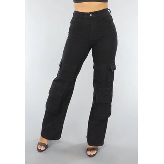 Redial Jeans Schwarze Cargohose mit geradem Bein und hoher Taille