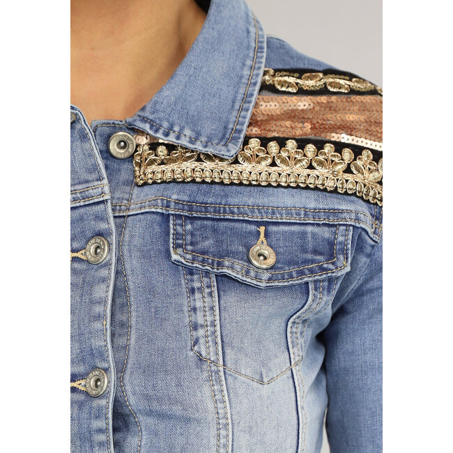 Blaue Boho-Denimjacke mit Pailletten