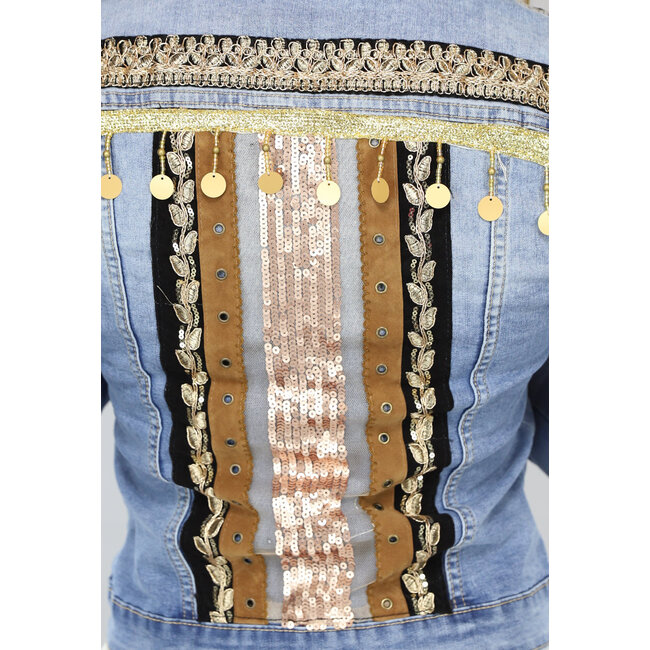 Blaue Boho-Denimjacke mit Pailletten