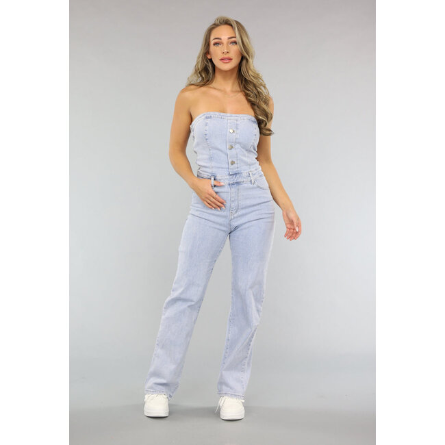 Trägerloser Denim-Jumpsuit mit geradem Bein