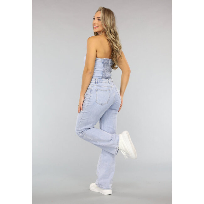 Trägerloser Denim-Jumpsuit mit geradem Bein