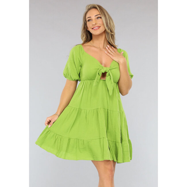 Grünes Musselin-Skaterkleid mit Schleifendetail