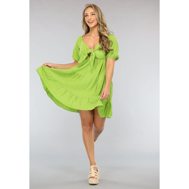 Grünes Musselin-Skaterkleid mit Schleifendetail