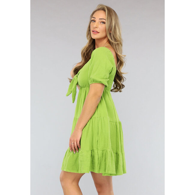 Grünes Musselin-Skaterkleid mit Schleifendetail