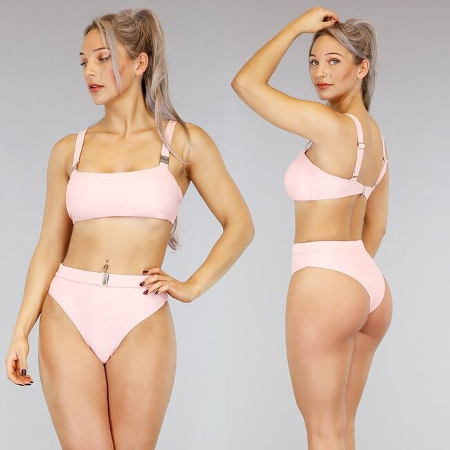 Hellrosa High Waist Bikini mit Riemen - Oberteil: M