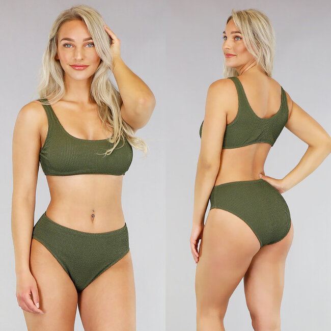 Grüner Bikini mit hoher Taille und Rippenmuster - Oberteil: S