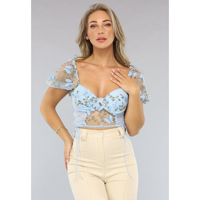 Hellblaues Spitzenkorsett-Top mit Vintage-Blumen