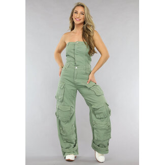 Grüner trägerloser Denim-Jumpsuit mit weitem Bein