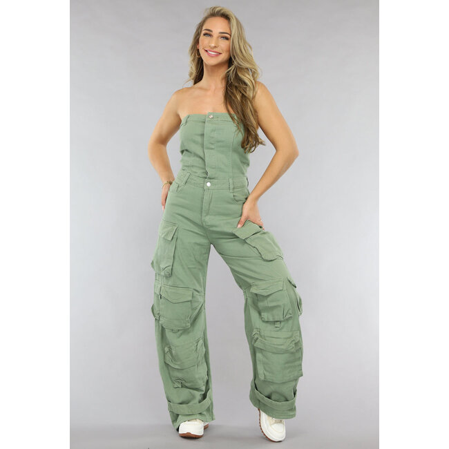 Grüner trägerloser Denim-Jumpsuit mit weitem Bein