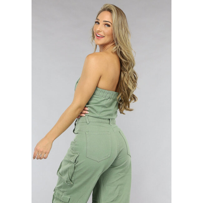 Grüner trägerloser Denim-Jumpsuit mit weitem Bein