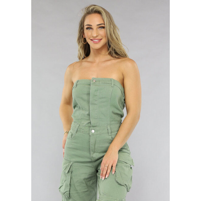 Grüner trägerloser Denim-Jumpsuit mit weitem Bein