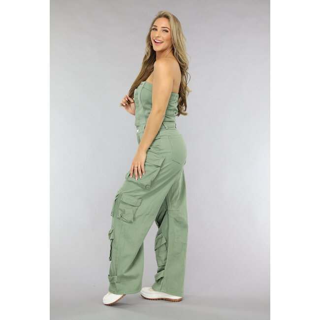 Grüner trägerloser Denim-Jumpsuit mit weitem Bein