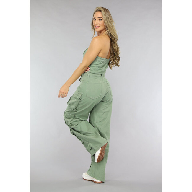 Grüner trägerloser Denim-Jumpsuit mit weitem Bein
