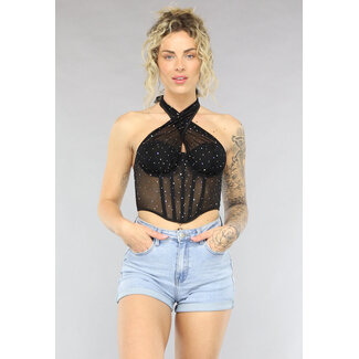 NEW0805 Schwarzes Mesh-Korsett-Top mit Glitzer