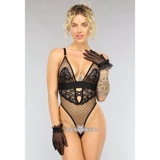 Schwarzer Spitzen-Dessous-Body mit Polka Dot