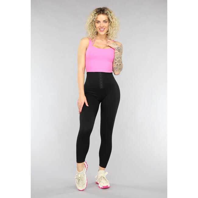 Schwarze korrigierende Sport-Leggings mit Hakenverschluss