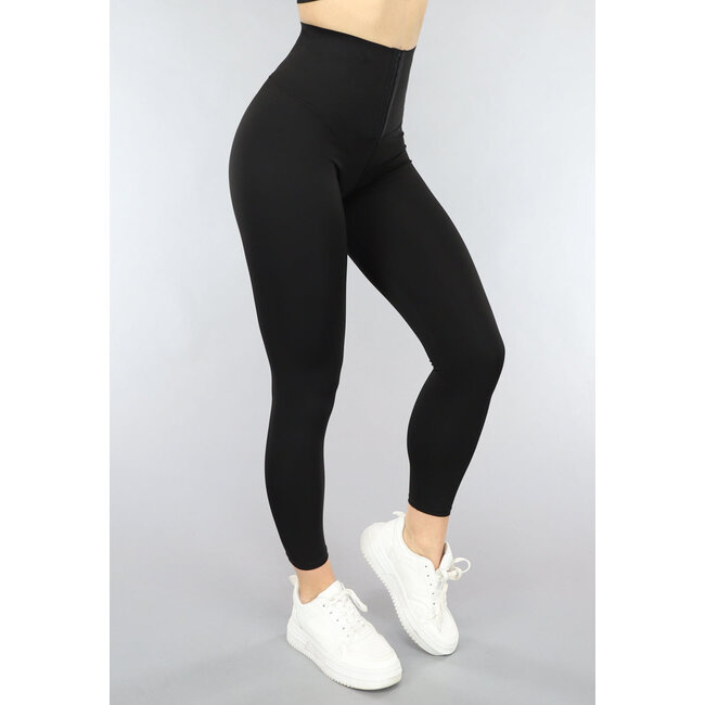 Schwarze korrigierende Sport-Leggings mit Hakenverschluss