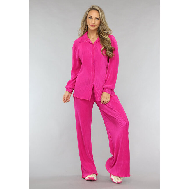 Fuchsia Plissé-Bluse mit Hose