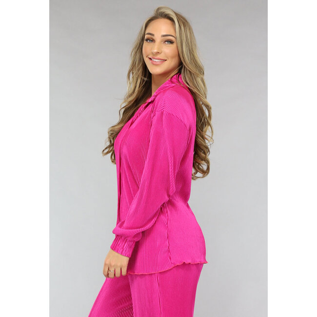 Fuchsia Plissé-Bluse mit Hose