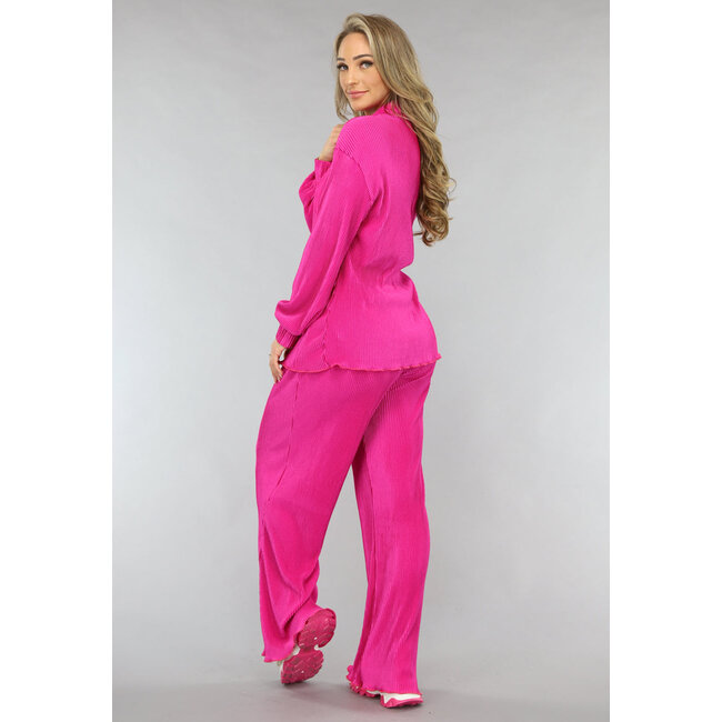 Fuchsia Plissé-Bluse mit Hose