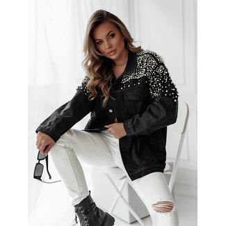 Schwarze Denimjacke Deluxe mit Perlen und Druck