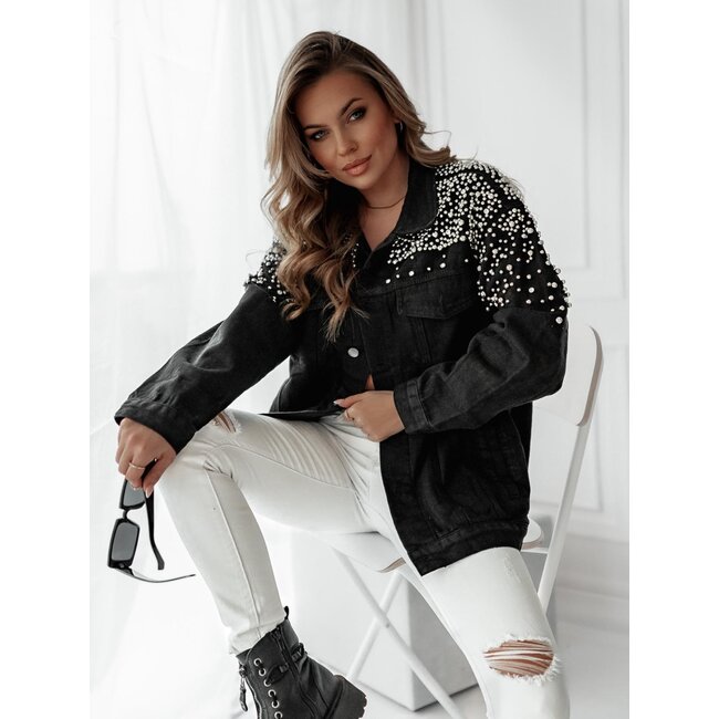 Schwarze Denimjacke Deluxe mit Perlen und Druck