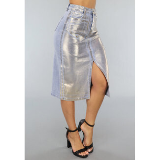 Redial Jeans Midirock aus Denim mit Goldbeschichtung