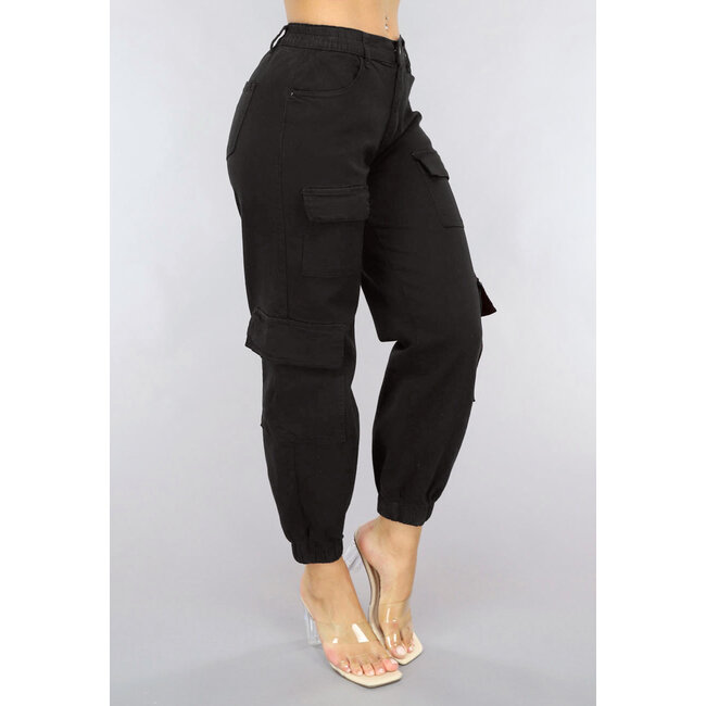 Schwarze Zimmermannshose mit Klappentaschen und Stretch