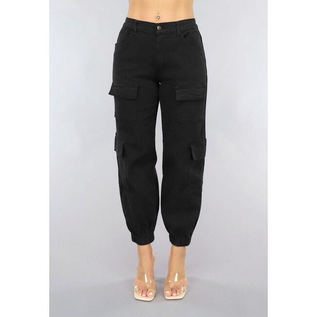 Schwarze Zimmermannshose mit Klappentaschen und Stretch