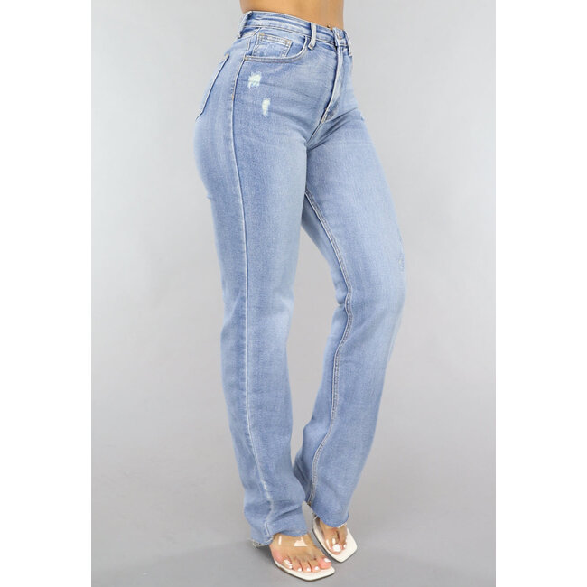 Blaue Straight Leg Stretch Jeans mit Rissen