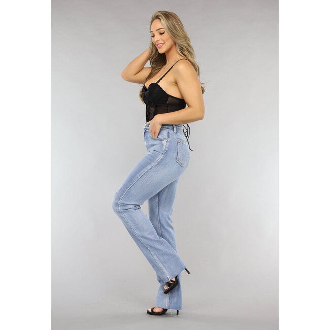 Blaue Straight Leg Stretch Jeans mit Rissen