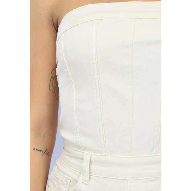 Beigefarbener trägerloser Jumpsuit aus Denim