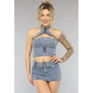 Blaues Denim Co Ord Set mit Gürtel