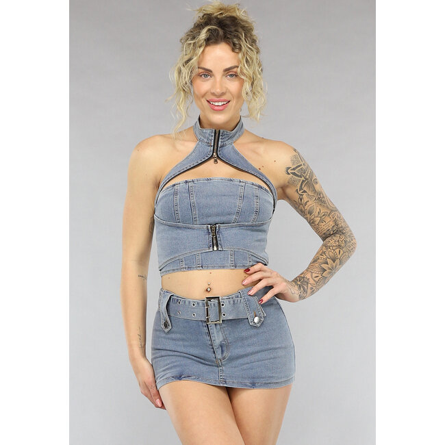 Blaues Denim Co Ord Set mit Gürtel