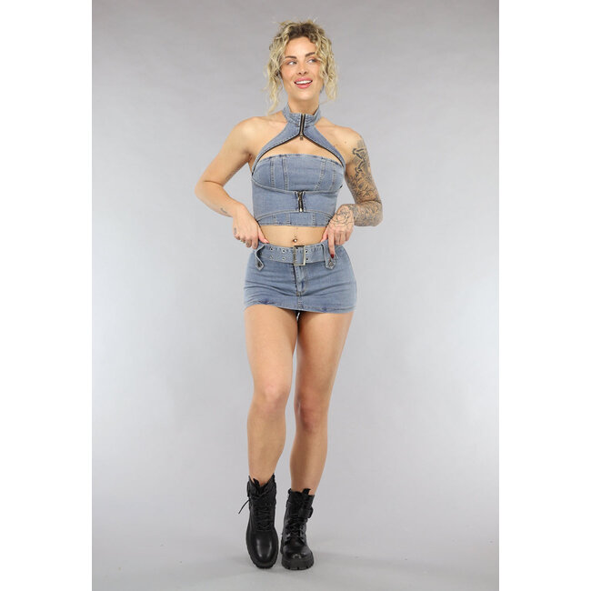 Blaues Denim Co Ord Set mit Gürtel
