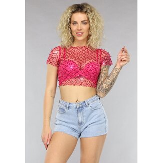Rosa Mesh-Perlen-Top mit kurzen Ärmeln