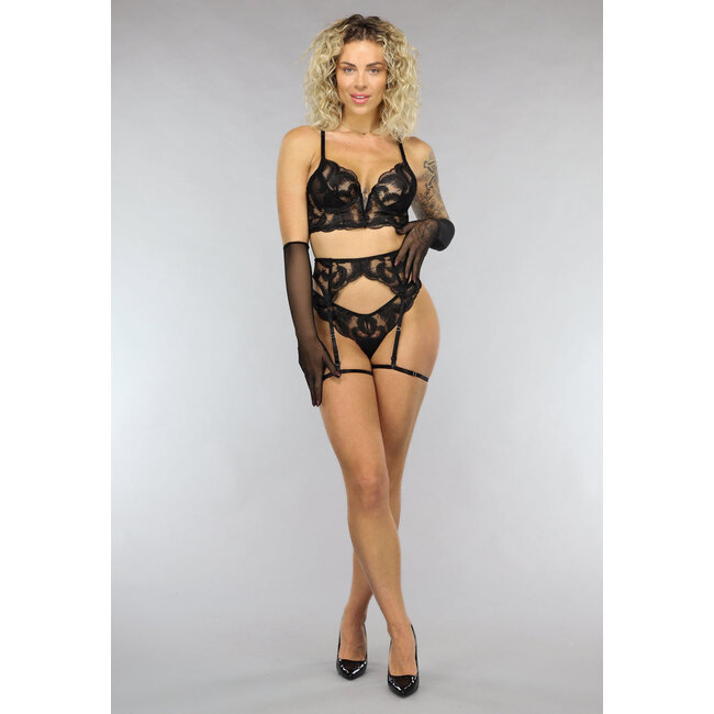 Schwarzes Spitzen-Dessous-Set mit Handschuhen