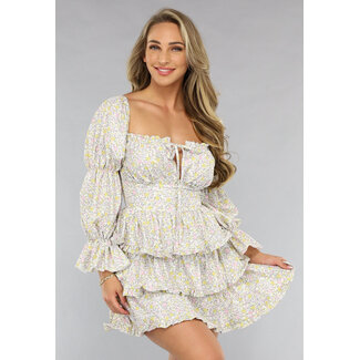 Mehrlagiges langärmeliges Sommerkleid mit Blumendruck