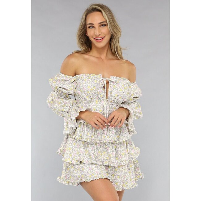 Mehrlagiges langärmeliges Sommerkleid mit Blumendruck