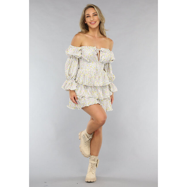 Mehrlagiges langärmeliges Sommerkleid mit Blumendruck