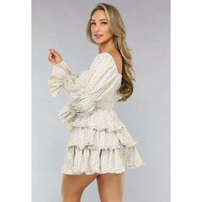 Mehrlagiges langärmeliges Sommerkleid mit Blumendruck