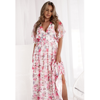OP=OP.19.NL Fließendes rosa geblümtes Kleid mit kurzen gerüschten Ärmeln