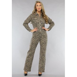 Dehnbarer, langärmeliger Denim-Overall mit Panther-Print