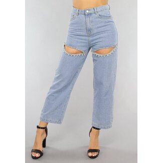 Blaue Denim Jeans mit geradem Bein und Strasssteinen